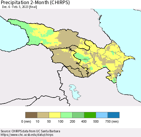 Azerbaijan, Armenia and Georgia Precipitation 2-Month (CHIRPS) Thematic Map For 12/6/2022 - 2/5/2023