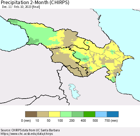 Azerbaijan, Armenia and Georgia Precipitation 2-Month (CHIRPS) Thematic Map For 12/11/2022 - 2/10/2023