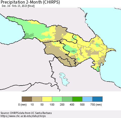 Azerbaijan, Armenia and Georgia Precipitation 2-Month (CHIRPS) Thematic Map For 12/16/2022 - 2/15/2023