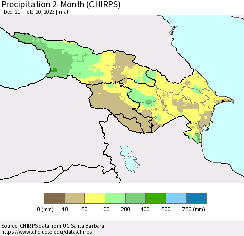 Azerbaijan, Armenia and Georgia Precipitation 2-Month (CHIRPS) Thematic Map For 12/21/2022 - 2/20/2023