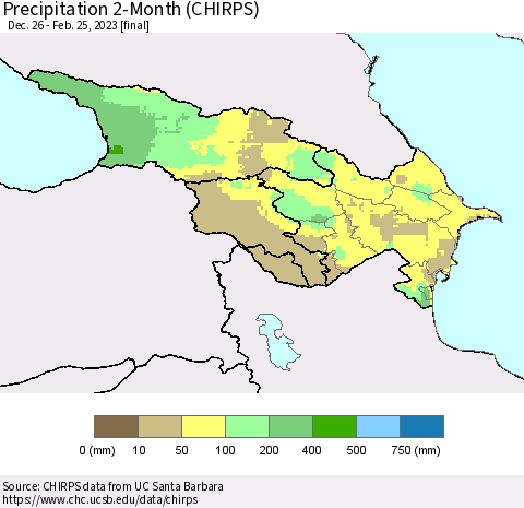 Azerbaijan, Armenia and Georgia Precipitation 2-Month (CHIRPS) Thematic Map For 12/26/2022 - 2/25/2023