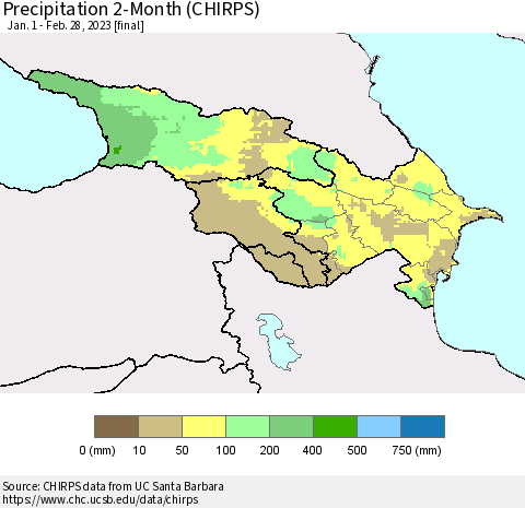 Azerbaijan, Armenia and Georgia Precipitation 2-Month (CHIRPS) Thematic Map For 1/1/2023 - 2/28/2023