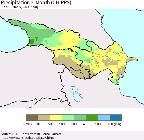 Azerbaijan, Armenia and Georgia Precipitation 2-Month (CHIRPS) Thematic Map For 1/6/2023 - 3/5/2023