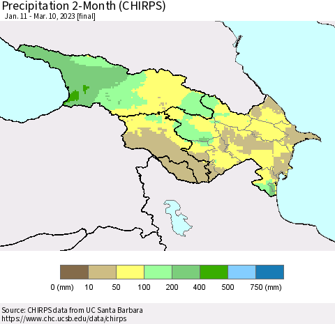 Azerbaijan, Armenia and Georgia Precipitation 2-Month (CHIRPS) Thematic Map For 1/11/2023 - 3/10/2023
