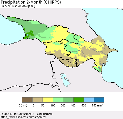 Azerbaijan, Armenia and Georgia Precipitation 2-Month (CHIRPS) Thematic Map For 1/21/2023 - 3/20/2023