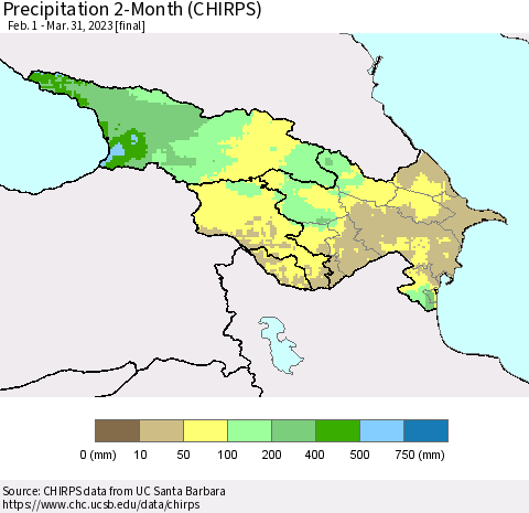 Azerbaijan, Armenia and Georgia Precipitation 2-Month (CHIRPS) Thematic Map For 2/1/2023 - 3/31/2023