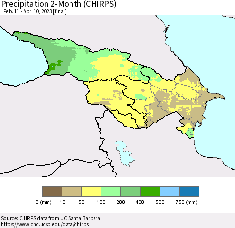Azerbaijan, Armenia and Georgia Precipitation 2-Month (CHIRPS) Thematic Map For 2/11/2023 - 4/10/2023