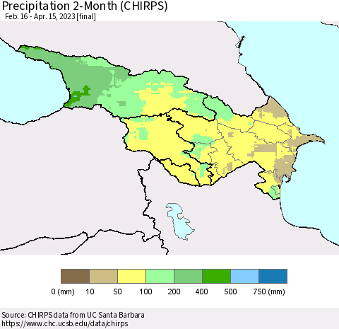 Azerbaijan, Armenia and Georgia Precipitation 2-Month (CHIRPS) Thematic Map For 2/16/2023 - 4/15/2023
