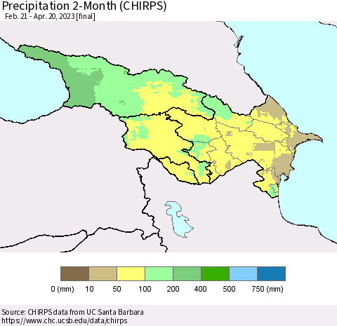 Azerbaijan, Armenia and Georgia Precipitation 2-Month (CHIRPS) Thematic Map For 2/21/2023 - 4/20/2023