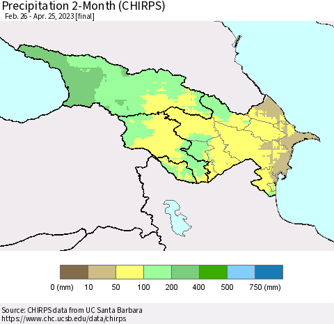 Azerbaijan, Armenia and Georgia Precipitation 2-Month (CHIRPS) Thematic Map For 2/26/2023 - 4/25/2023