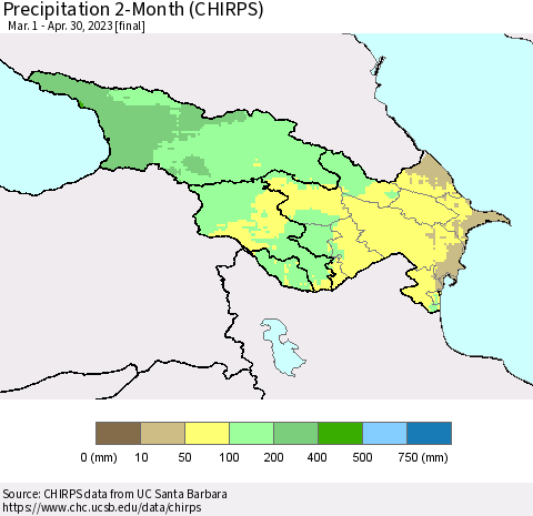 Azerbaijan, Armenia and Georgia Precipitation 2-Month (CHIRPS) Thematic Map For 3/1/2023 - 4/30/2023