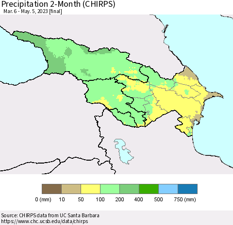Azerbaijan, Armenia and Georgia Precipitation 2-Month (CHIRPS) Thematic Map For 3/6/2023 - 5/5/2023