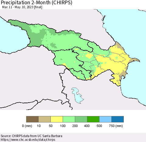 Azerbaijan, Armenia and Georgia Precipitation 2-Month (CHIRPS) Thematic Map For 3/11/2023 - 5/10/2023