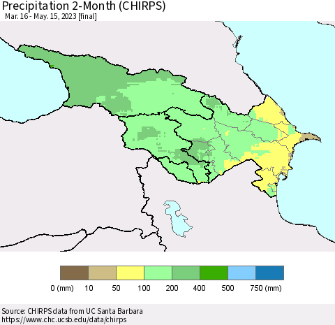 Azerbaijan, Armenia and Georgia Precipitation 2-Month (CHIRPS) Thematic Map For 3/16/2023 - 5/15/2023