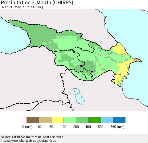 Azerbaijan, Armenia and Georgia Precipitation 2-Month (CHIRPS) Thematic Map For 3/21/2023 - 5/20/2023