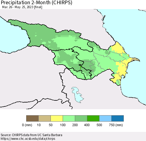 Azerbaijan, Armenia and Georgia Precipitation 2-Month (CHIRPS) Thematic Map For 3/26/2023 - 5/25/2023