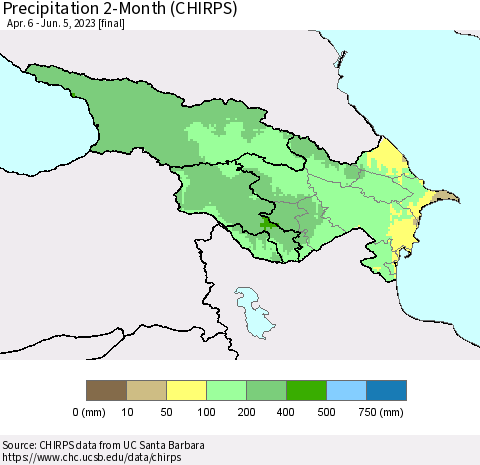 Azerbaijan, Armenia and Georgia Precipitation 2-Month (CHIRPS) Thematic Map For 4/6/2023 - 6/5/2023
