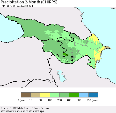 Azerbaijan, Armenia and Georgia Precipitation 2-Month (CHIRPS) Thematic Map For 4/11/2023 - 6/10/2023