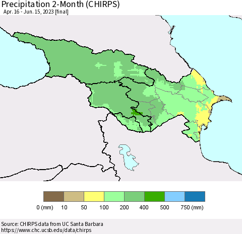 Azerbaijan, Armenia and Georgia Precipitation 2-Month (CHIRPS) Thematic Map For 4/16/2023 - 6/15/2023