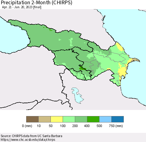 Azerbaijan, Armenia and Georgia Precipitation 2-Month (CHIRPS) Thematic Map For 4/21/2023 - 6/20/2023