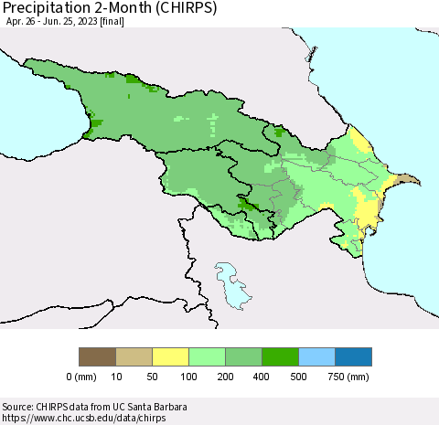 Azerbaijan, Armenia and Georgia Precipitation 2-Month (CHIRPS) Thematic Map For 4/26/2023 - 6/25/2023