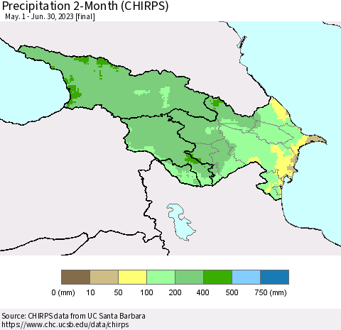 Azerbaijan, Armenia and Georgia Precipitation 2-Month (CHIRPS) Thematic Map For 5/1/2023 - 6/30/2023
