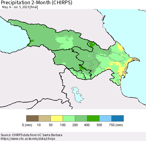 Azerbaijan, Armenia and Georgia Precipitation 2-Month (CHIRPS) Thematic Map For 5/6/2023 - 7/5/2023