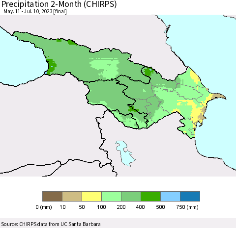 Azerbaijan, Armenia and Georgia Precipitation 2-Month (CHIRPS) Thematic Map For 5/11/2023 - 7/10/2023