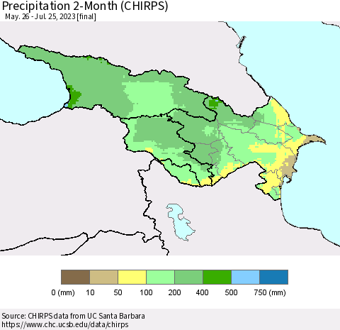 Azerbaijan, Armenia and Georgia Precipitation 2-Month (CHIRPS) Thematic Map For 5/26/2023 - 7/25/2023