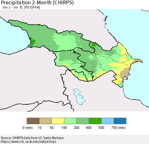 Azerbaijan, Armenia and Georgia Precipitation 2-Month (CHIRPS) Thematic Map For 6/1/2023 - 7/31/2023