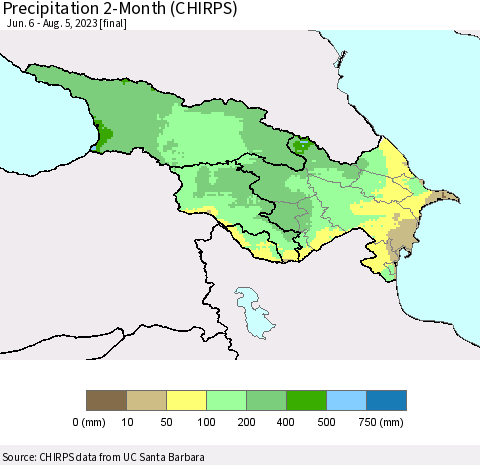Azerbaijan, Armenia and Georgia Precipitation 2-Month (CHIRPS) Thematic Map For 6/6/2023 - 8/5/2023
