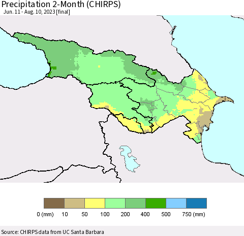 Azerbaijan, Armenia and Georgia Precipitation 2-Month (CHIRPS) Thematic Map For 6/11/2023 - 8/10/2023