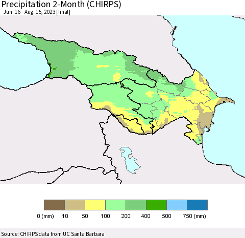 Azerbaijan, Armenia and Georgia Precipitation 2-Month (CHIRPS) Thematic Map For 6/16/2023 - 8/15/2023