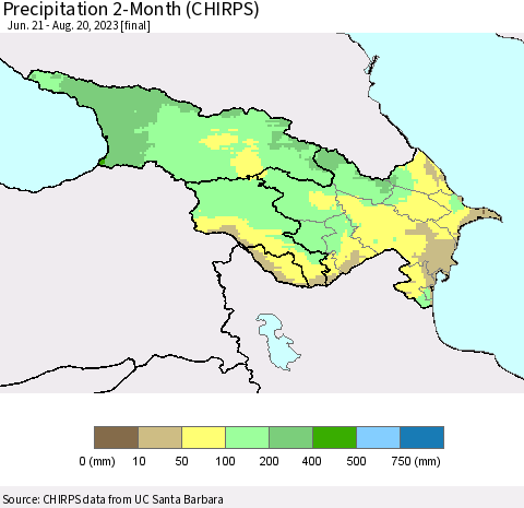 Azerbaijan, Armenia and Georgia Precipitation 2-Month (CHIRPS) Thematic Map For 6/21/2023 - 8/20/2023