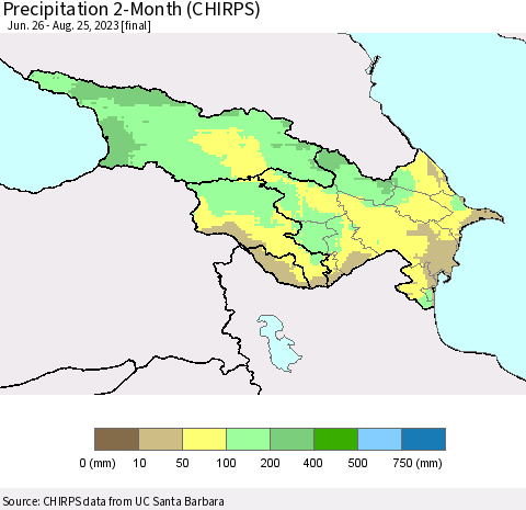 Azerbaijan, Armenia and Georgia Precipitation 2-Month (CHIRPS) Thematic Map For 6/26/2023 - 8/25/2023
