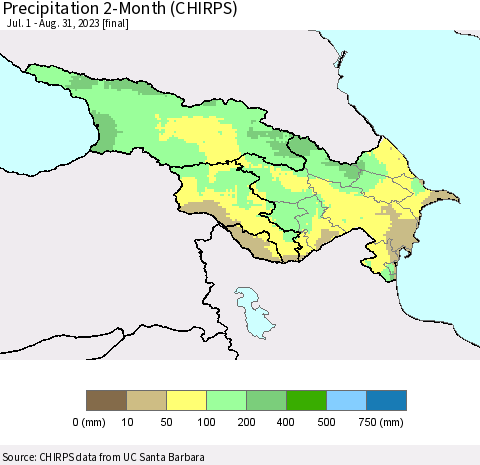 Azerbaijan, Armenia and Georgia Precipitation 2-Month (CHIRPS) Thematic Map For 7/1/2023 - 8/31/2023