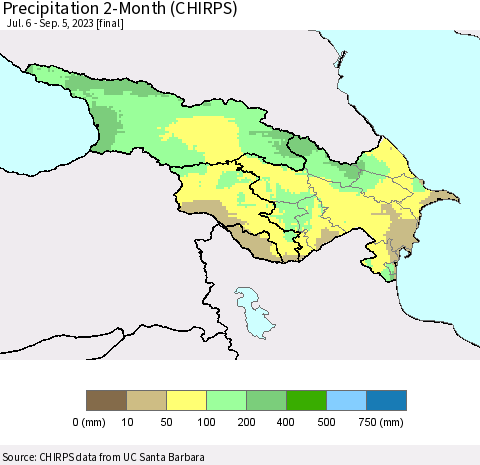 Azerbaijan, Armenia and Georgia Precipitation 2-Month (CHIRPS) Thematic Map For 7/6/2023 - 9/5/2023