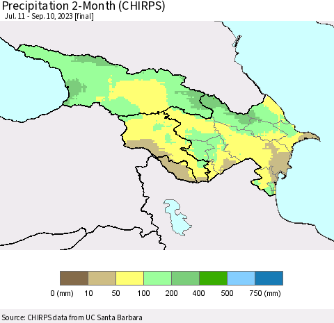 Azerbaijan, Armenia and Georgia Precipitation 2-Month (CHIRPS) Thematic Map For 7/11/2023 - 9/10/2023