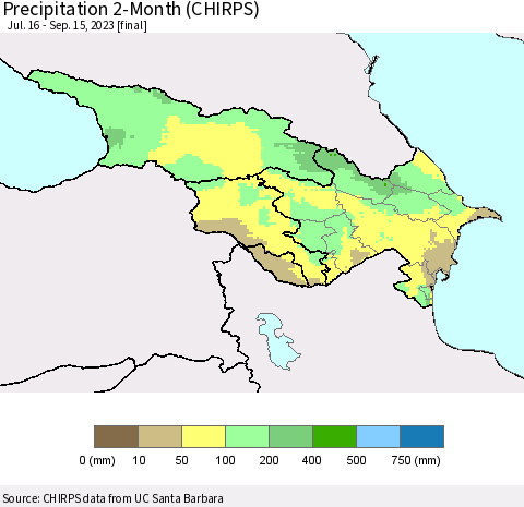 Azerbaijan, Armenia and Georgia Precipitation 2-Month (CHIRPS) Thematic Map For 7/16/2023 - 9/15/2023