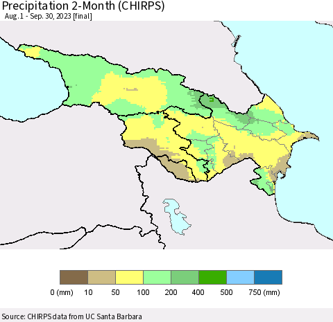 Azerbaijan, Armenia and Georgia Precipitation 2-Month (CHIRPS) Thematic Map For 8/1/2023 - 9/30/2023