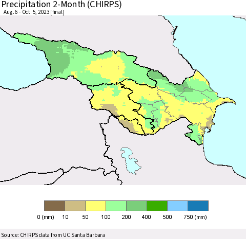 Azerbaijan, Armenia and Georgia Precipitation 2-Month (CHIRPS) Thematic Map For 8/6/2023 - 10/5/2023
