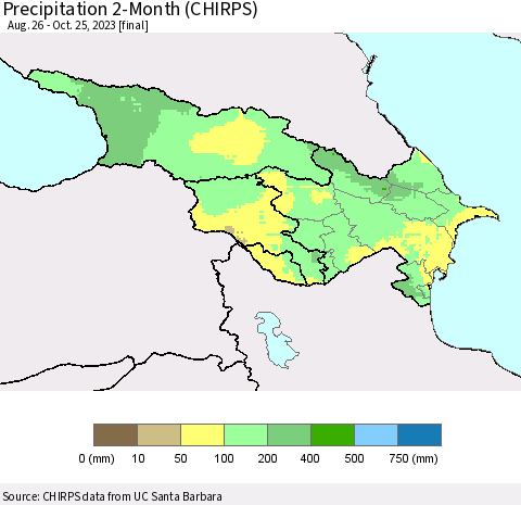 Azerbaijan, Armenia and Georgia Precipitation 2-Month (CHIRPS) Thematic Map For 8/26/2023 - 10/25/2023