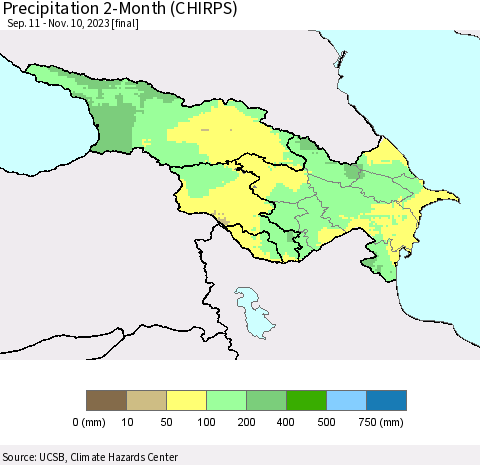 Azerbaijan, Armenia and Georgia Precipitation 2-Month (CHIRPS) Thematic Map For 9/11/2023 - 11/10/2023
