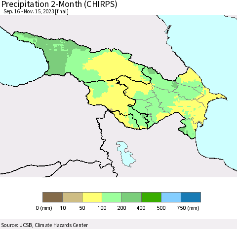 Azerbaijan, Armenia and Georgia Precipitation 2-Month (CHIRPS) Thematic Map For 9/16/2023 - 11/15/2023