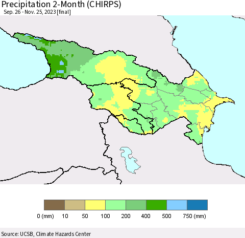 Azerbaijan, Armenia and Georgia Precipitation 2-Month (CHIRPS) Thematic Map For 9/26/2023 - 11/25/2023