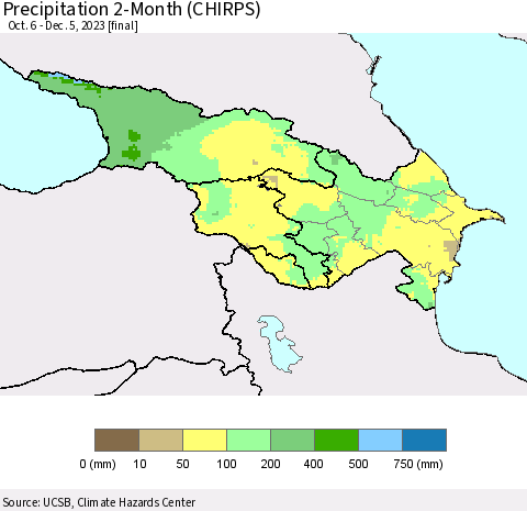 Azerbaijan, Armenia and Georgia Precipitation 2-Month (CHIRPS) Thematic Map For 10/6/2023 - 12/5/2023