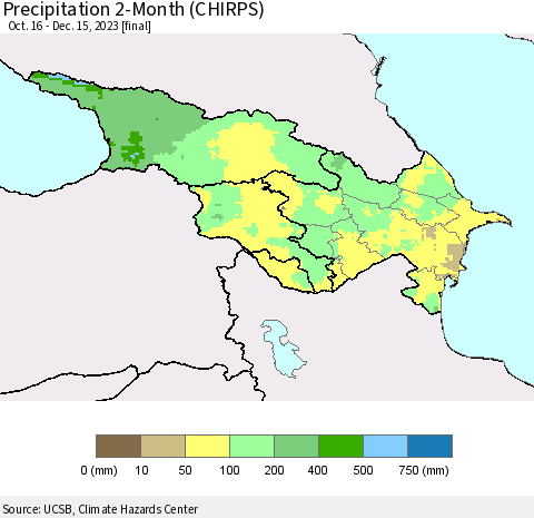 Azerbaijan, Armenia and Georgia Precipitation 2-Month (CHIRPS) Thematic Map For 10/16/2023 - 12/15/2023