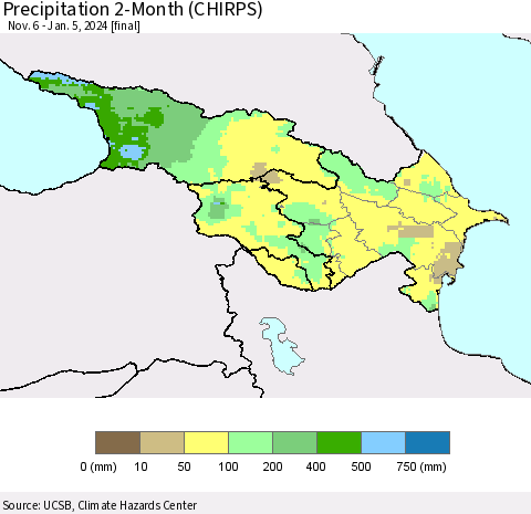 Azerbaijan, Armenia and Georgia Precipitation 2-Month (CHIRPS) Thematic Map For 11/6/2023 - 1/5/2024