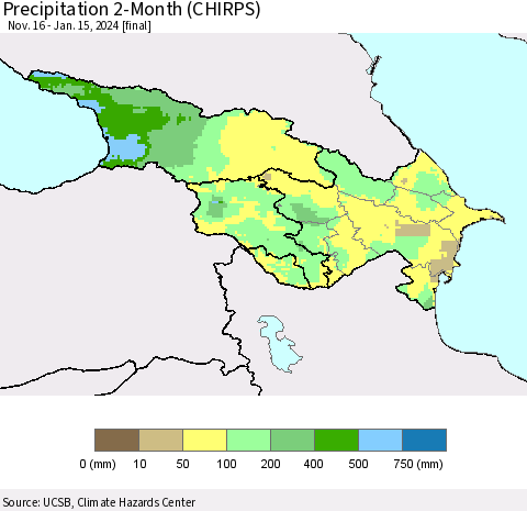 Azerbaijan, Armenia and Georgia Precipitation 2-Month (CHIRPS) Thematic Map For 11/16/2023 - 1/15/2024