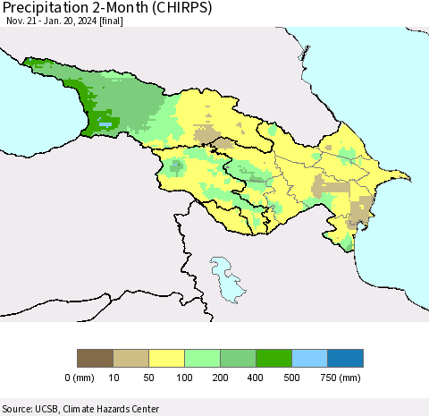 Azerbaijan, Armenia and Georgia Precipitation 2-Month (CHIRPS) Thematic Map For 11/21/2023 - 1/20/2024